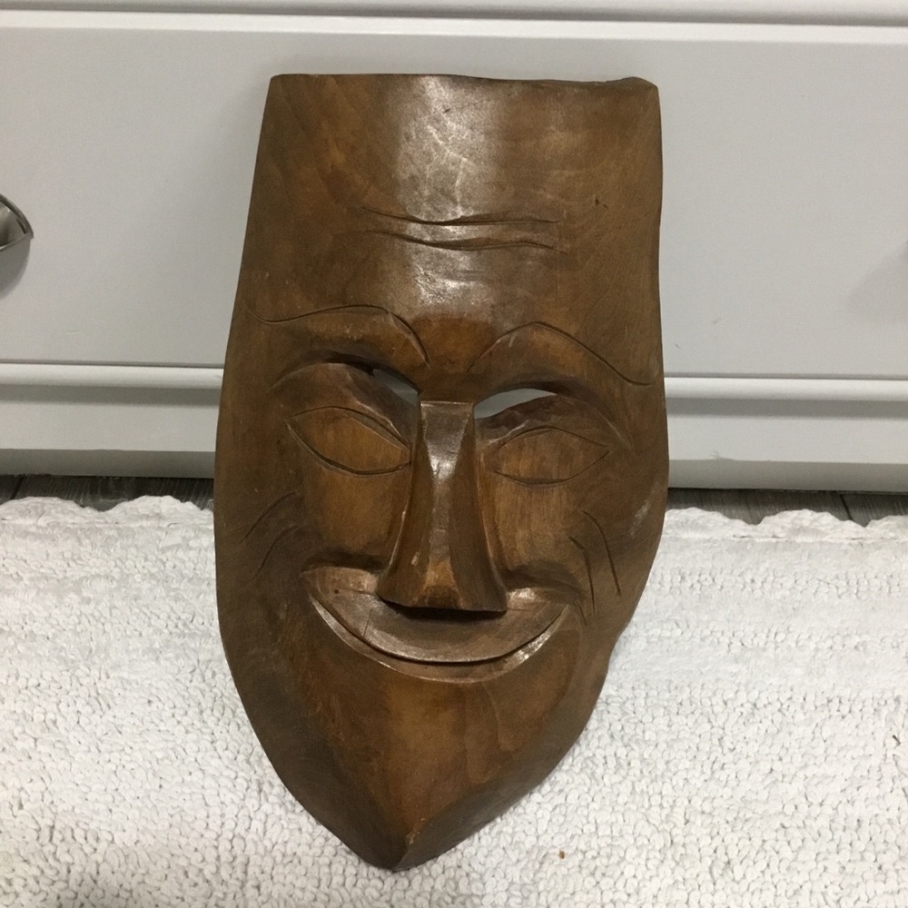 Carved Wood Smiling Face Mask Tiki Tribal Unique Oddity